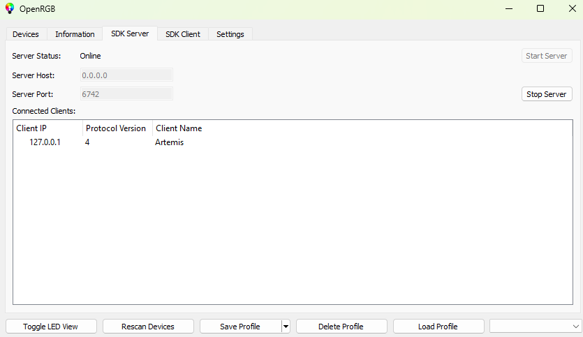 Start OpenRGB SDK Server
